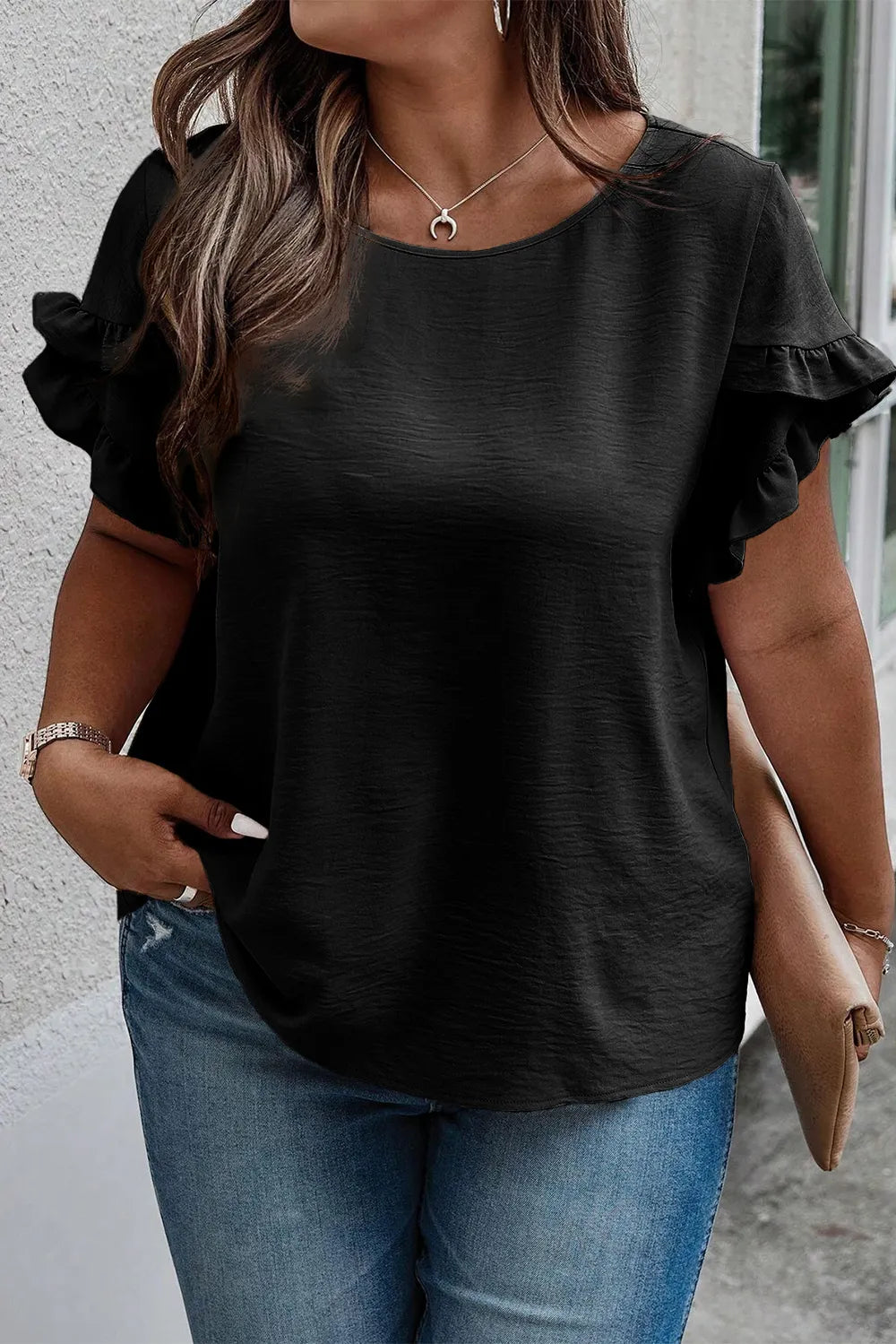 Plus Size Ruffled Round Neck Short Sleeve Blouse - Plus Size Shirts by Trendsi | Available at Handbags Specialist Headquarter