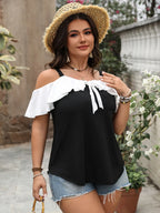 Plus Size Ruffled Contrast Short Sleeve Blouse - Plus Size Shirts by Trendsi | Available at Handbags Specialist Headquarter