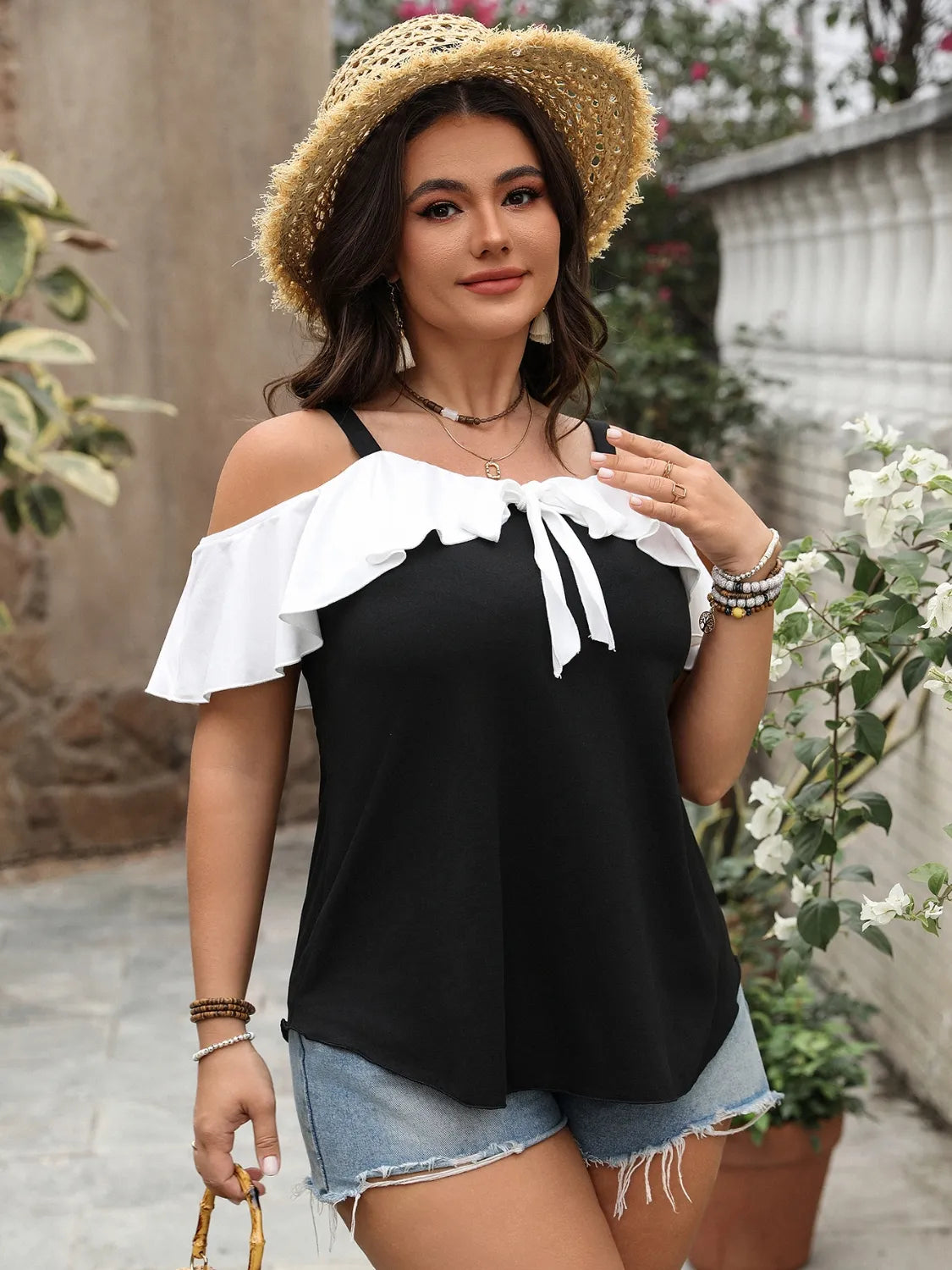 Plus Size Ruffled Contrast Short Sleeve Blouse - Plus Size Shirts by Trendsi | Available at Handbags Specialist Headquarter