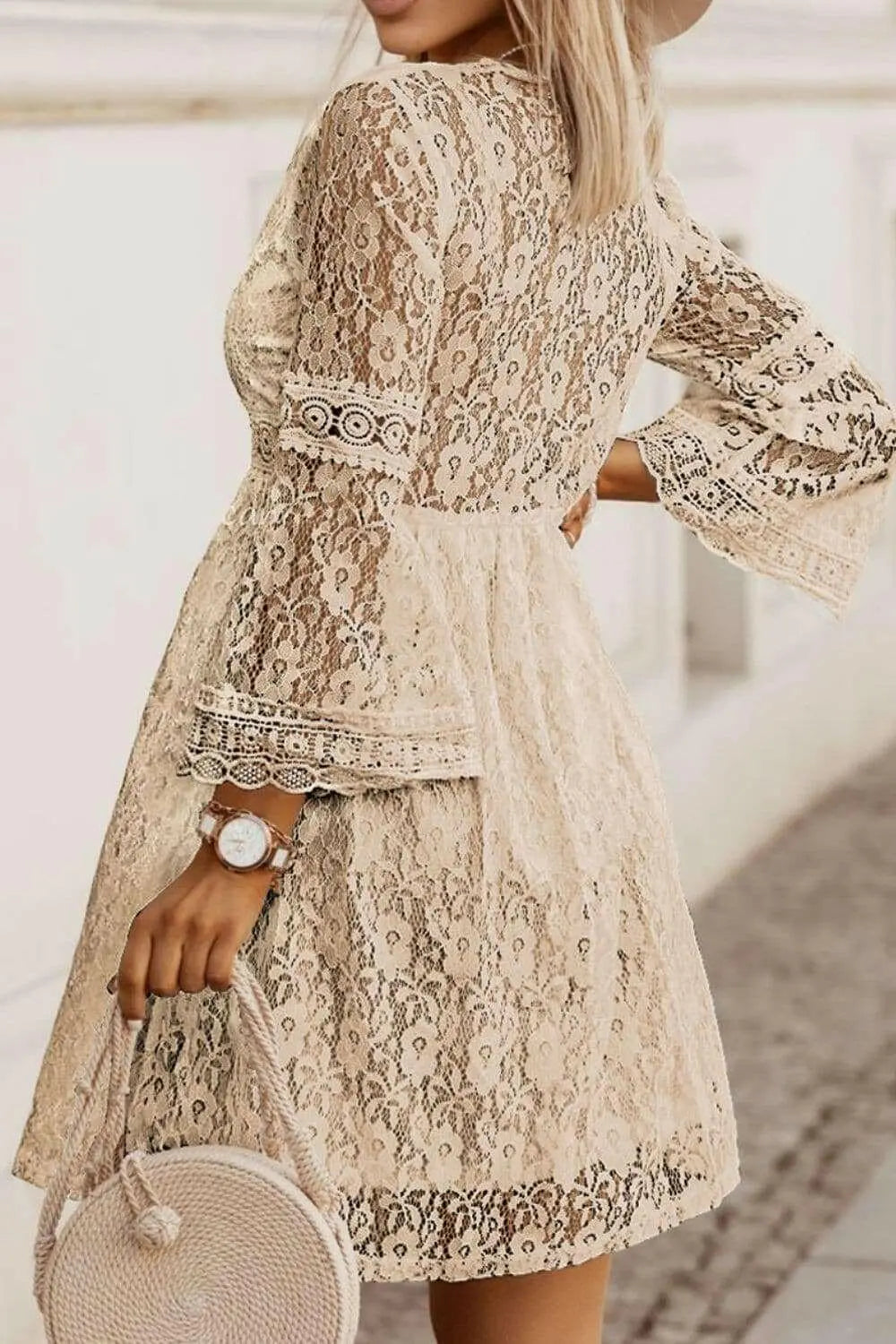 Lace V-Neck Three-Quarter Sleeve Dress - Dresses by Trendsi | Available at Handbags Specialist Headquarter