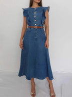 Button-Front Ruffle Sleeve Denim Midi Dress - Women / Jeans & Denim by Trendsi | Available at Handbags Specialist Headquarter