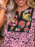 Full Size Leopard Floral Notched Cap Sleeve Blouse Plus Size - Women Plus Size by Trendsi | Available at Handbags Specialist Headquarter