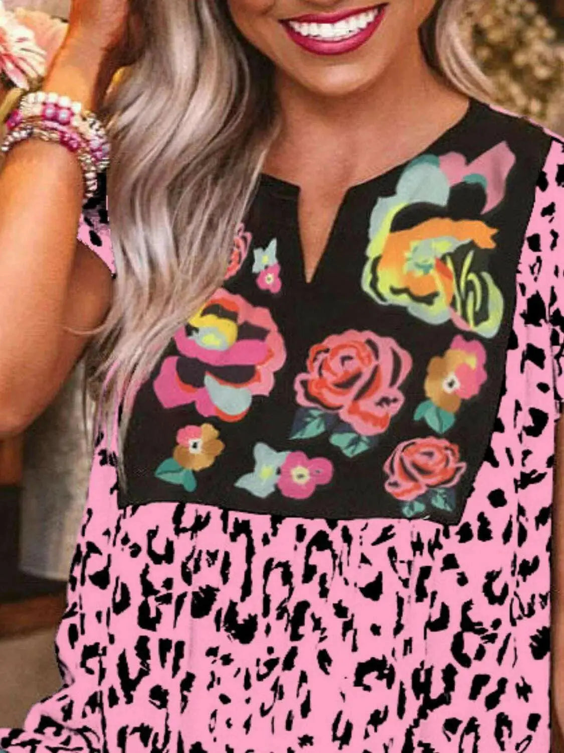 Full Size Leopard Floral Notched Cap Sleeve Blouse Plus Size - Women Plus Size by Trendsi | Available at Handbags Specialist Headquarter