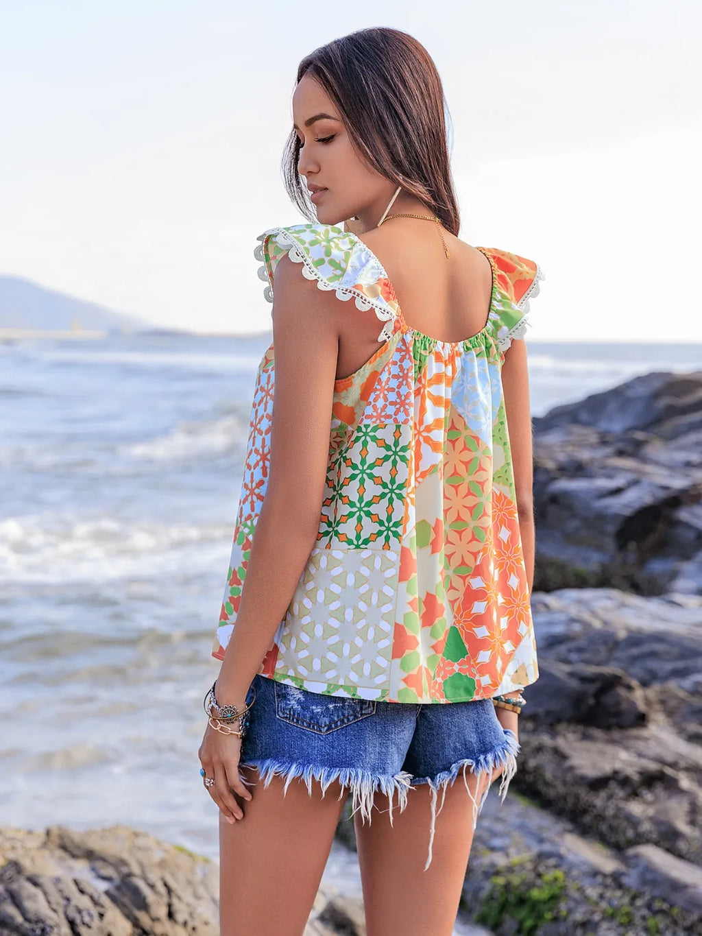 Lace Detail Printed Tie Neck Cap Sleeve Blouse - Tops by Trendsi | Available at Handbags Specialist Headquarter