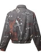 Men's Gothic Cross Print Distressed Denim Jacket - Men's jackets by Trendsi | Available at Handbags Specialist Headquarter