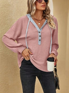 Drawstring Waffle Knit Hoodie - Tops by Trendsi | Available at Handbags Specialist Headquarter