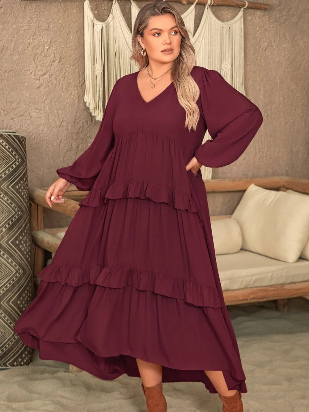 Plus Size Ruffled V-Neck Long Sleeve Dress - Dresses by Trendsi | Available at Handbags Specialist Headquarter