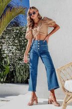 Button Fly Cropped Wide Leg Jeans - Women / Jeans & Denim by Trendsi | Available at Handbags Specialist Headquarter