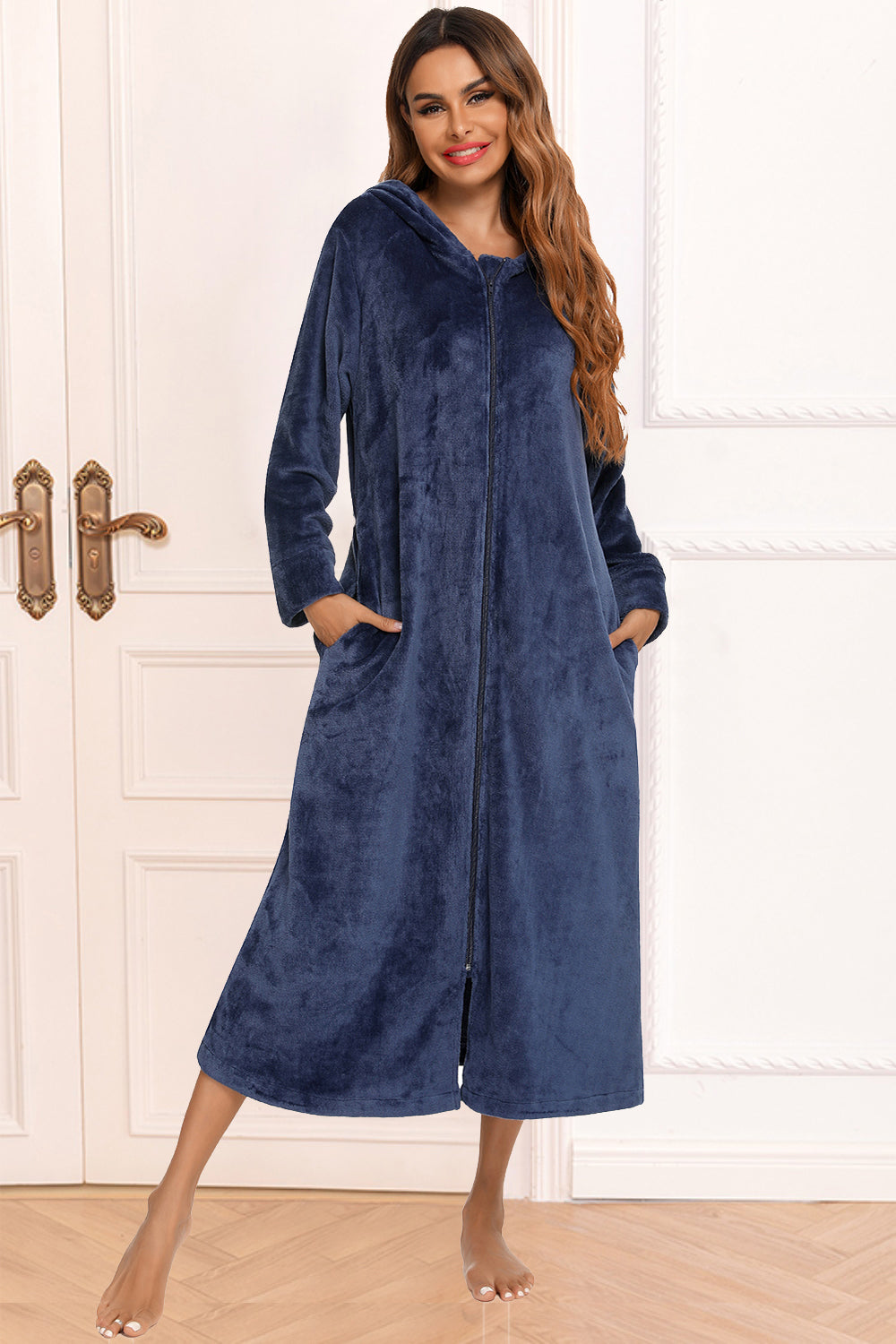 Zip Front Hooded Night Dress with Pockets - Sleepwear by Trendsi | Available at Handbags Specialist Headquarter
