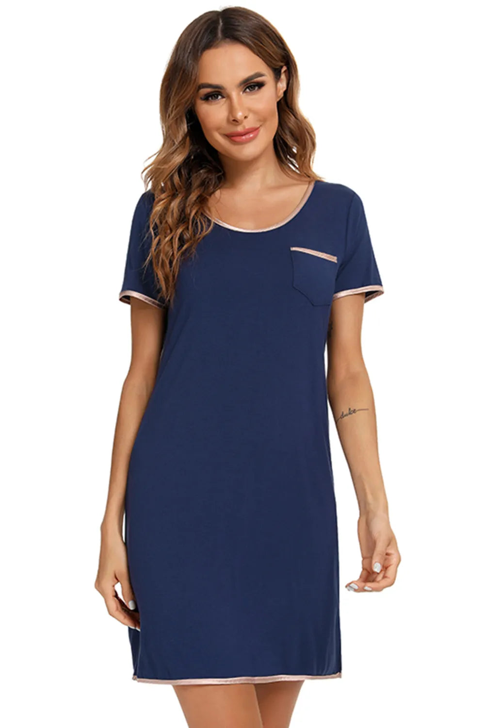 Contrast Trim Pocketed Round Neck Lounge Dress - Sleepwear by Trendsi | Available at Handbags Specialist Headquarter