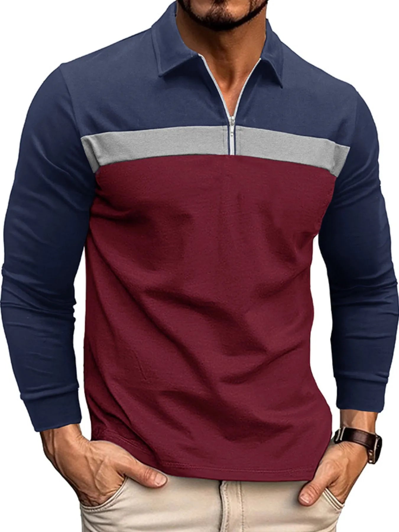 Men's Color Block Long Sleeve Polo Shirt - Men's Polo shirt by Trendsi | Available at Handbags Specialist Headquarter
