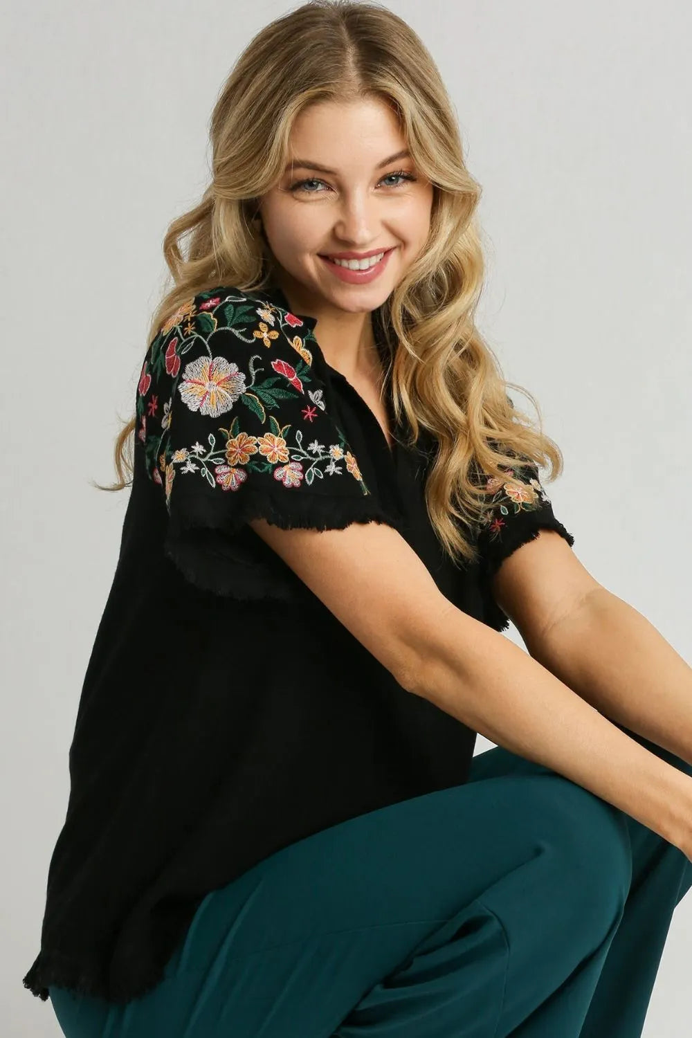 Umgee Full Size Linen Shirt with Embroidered Sleeves Plus Size - Dresses by Trendsi | Available at Handbags Specialist Headquarter