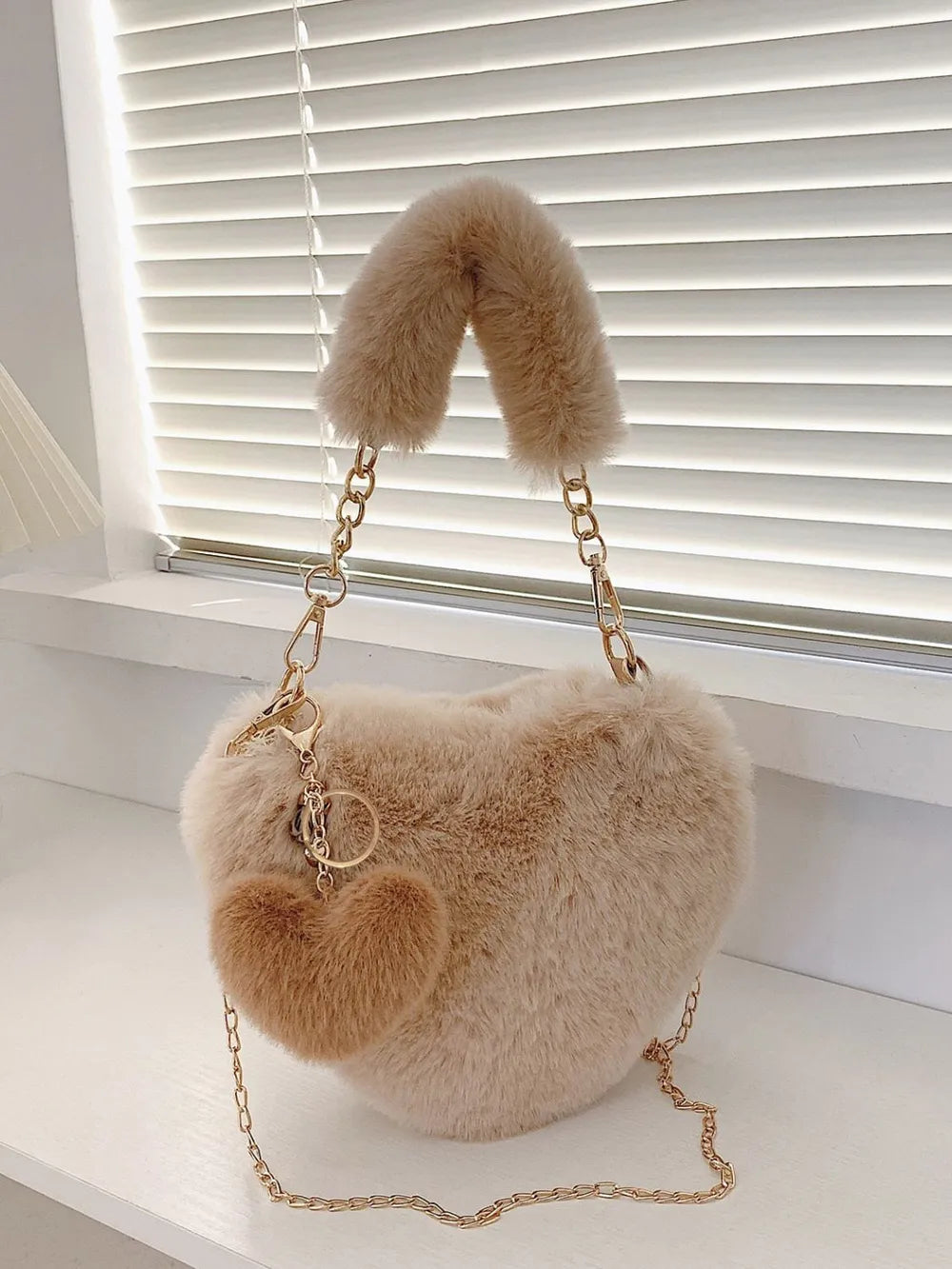 Heart Shape Faux Fur Handbag - handbags by Trendsi | Available at Handbags Specialist Headquarter