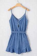 Spaghetti Straps V Neck Belted Ruffled Leg Chambray Romper - Women / Jeans & Denim by Trendsi | Available at Handbags Specialist Headquarter