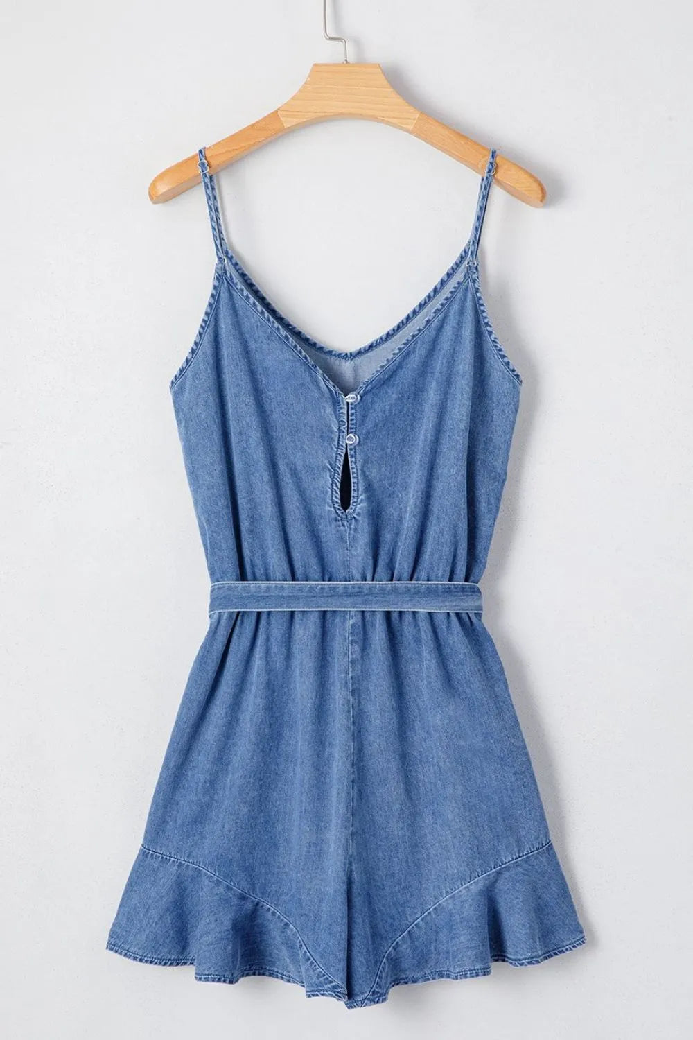 Spaghetti Straps V Neck Belted Ruffled Leg Chambray Romper - Women / Jeans & Denim by Trendsi | Available at Handbags Specialist Headquarter