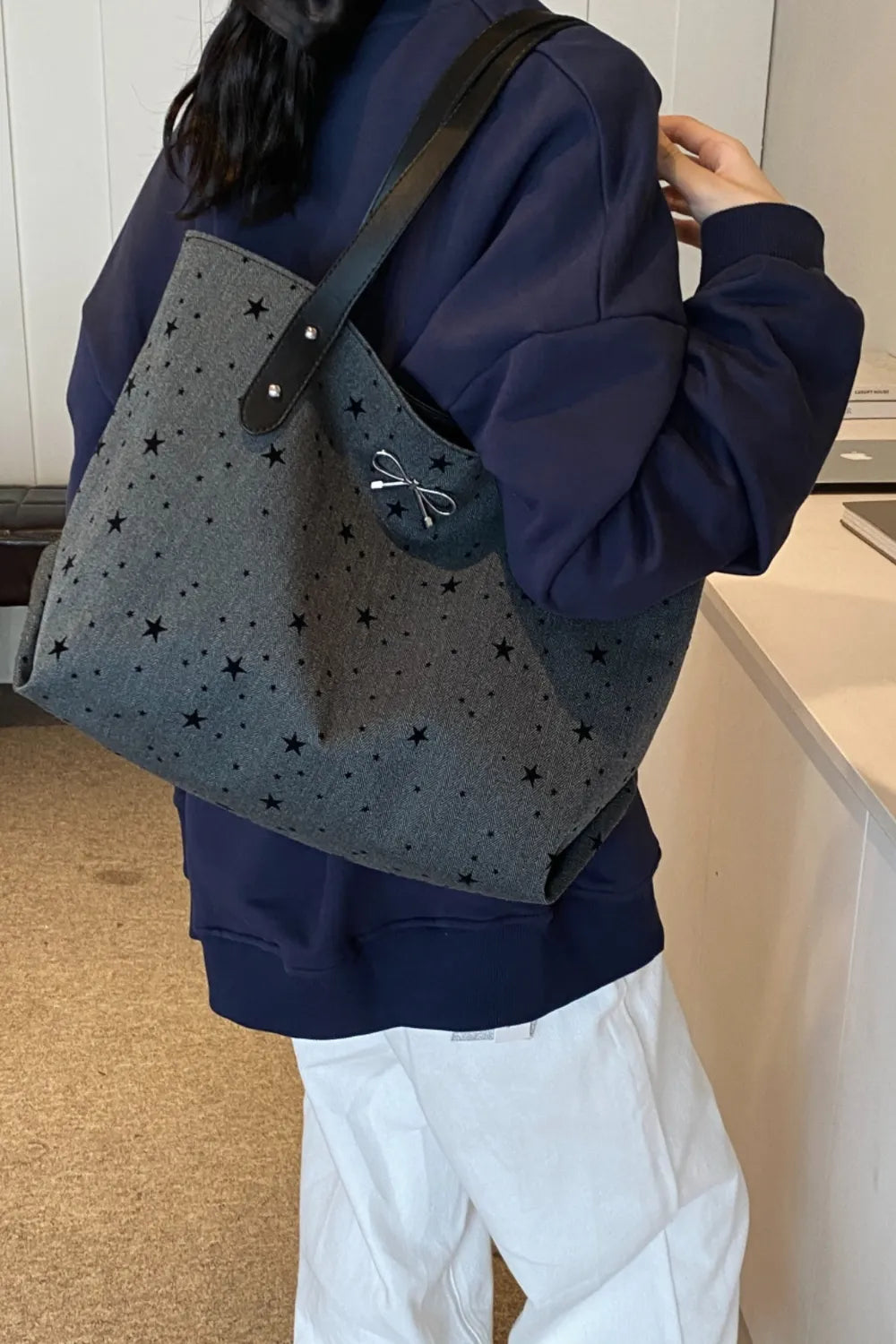 Polyester Bow Polka Dot Tote Bag - Tote Bag by Trendsi | Available at Handbags Specialist Headquarter