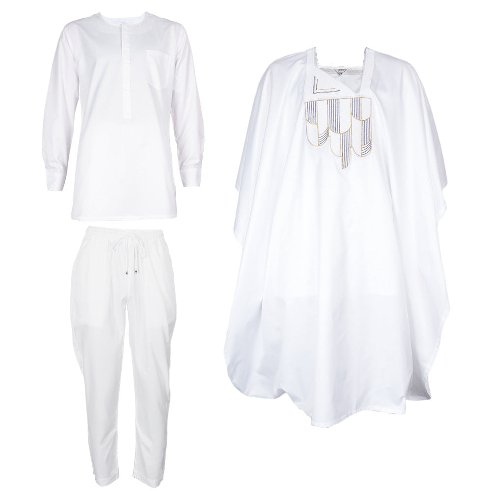 Matte Embroidered African Robe & Pants 3-Piece Set
