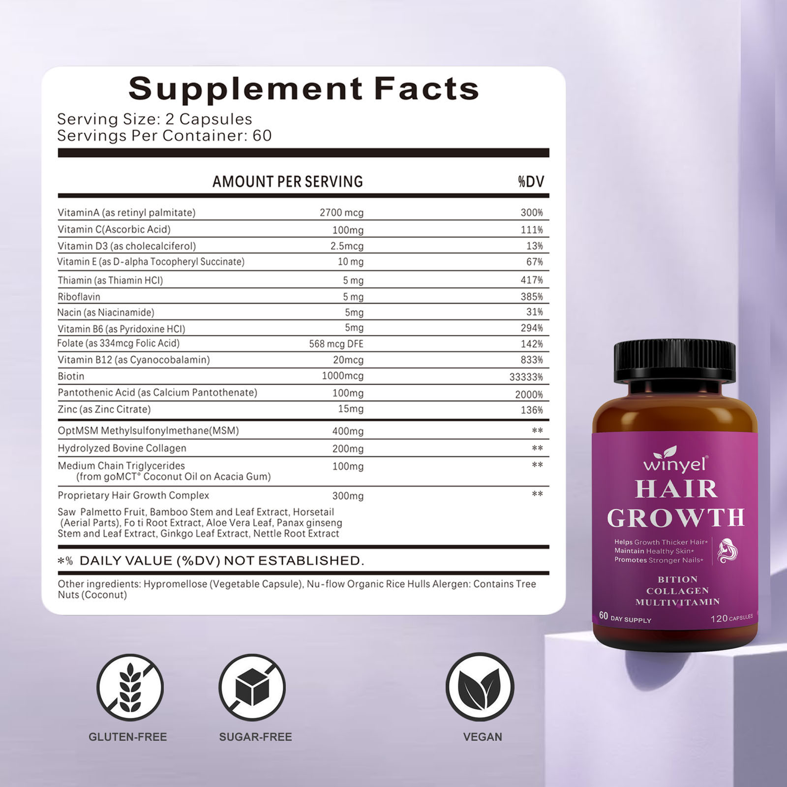 Hair Growth Vitamins with Biotin & Collagen, 60-Day Supply