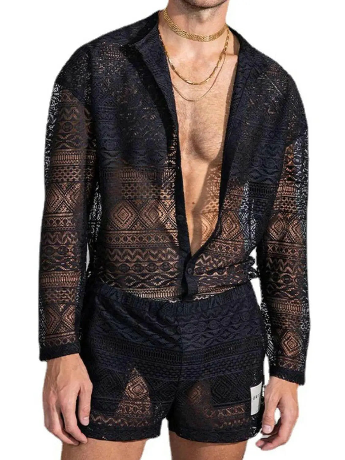 Men's Full Size Lace Button Down Top and Shorts Set Plus Size - Men's Sets by Trendsi | Available at Handbags Specialist Headquarter