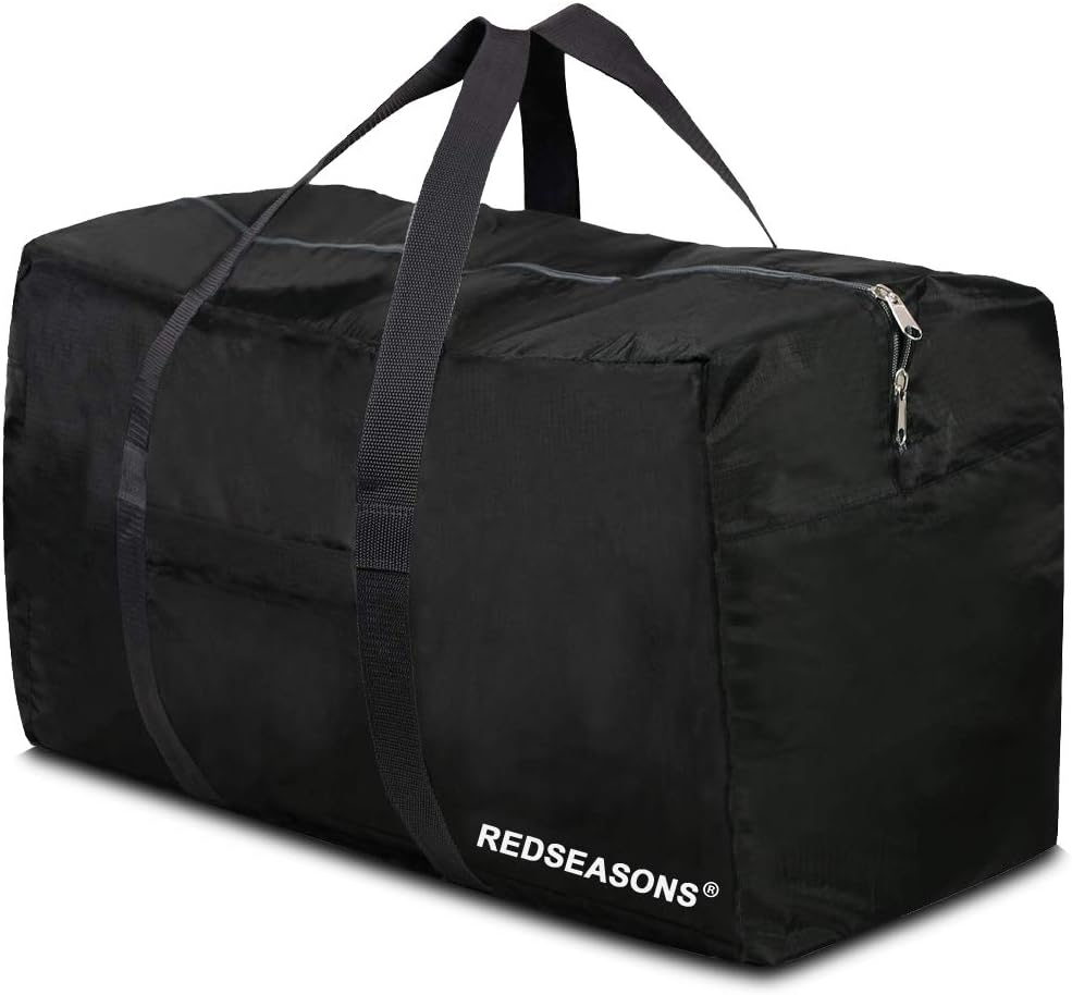 Black duffel bag with two handles, zippered top, and "REDSEASONS" label in white.