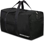 Black duffel bag with two handles, zippered top, and "REDSEASONS" label in white.