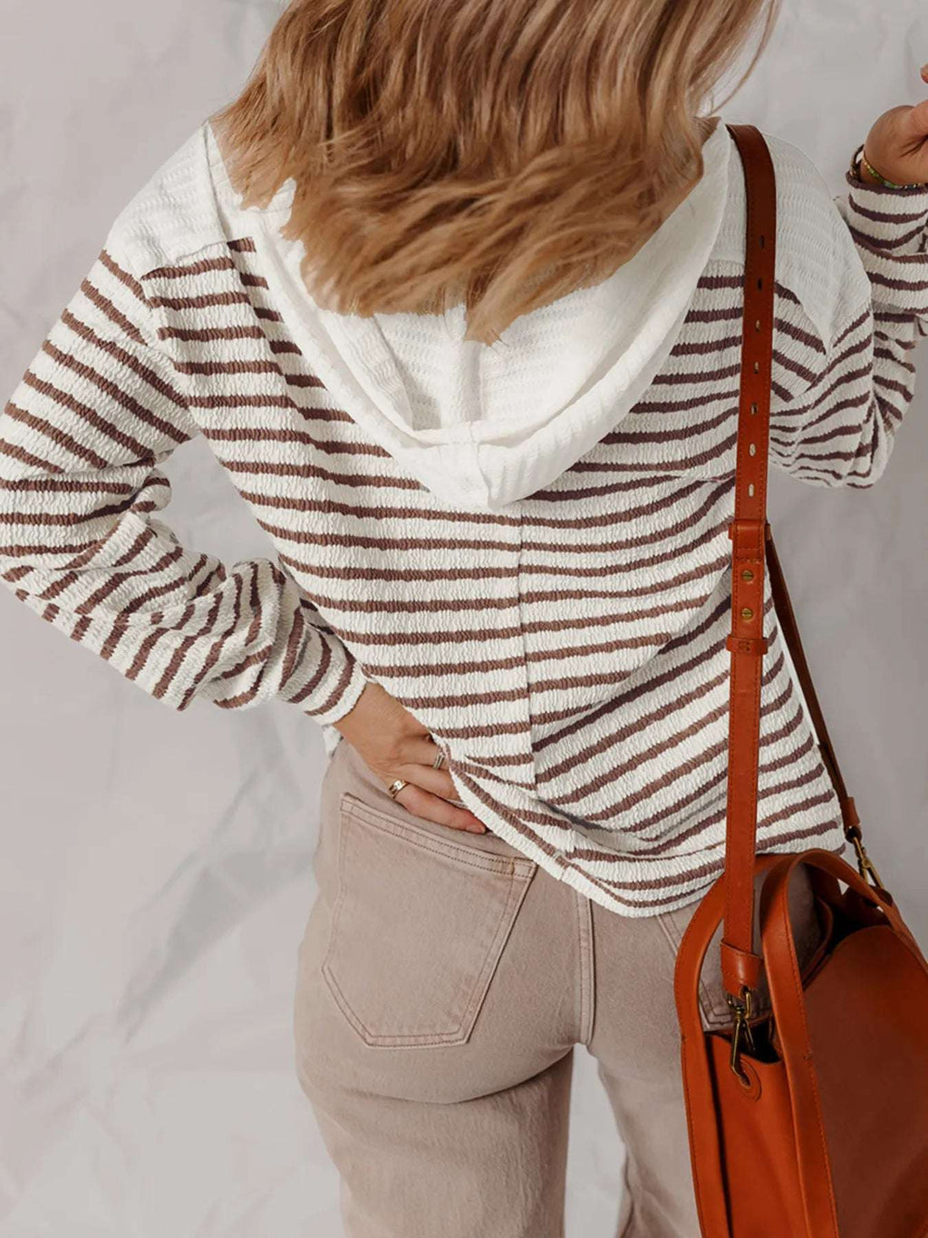 Striped V-Neck Long Sleeve Knit Hoodie - Tops by Trendsi | Available at Handbags Specialist Headquarter