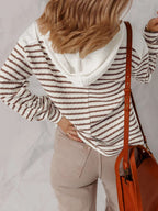 Striped V-Neck Long Sleeve Knit Hoodie - Tops by Trendsi | Available at Handbags Specialist Headquarter