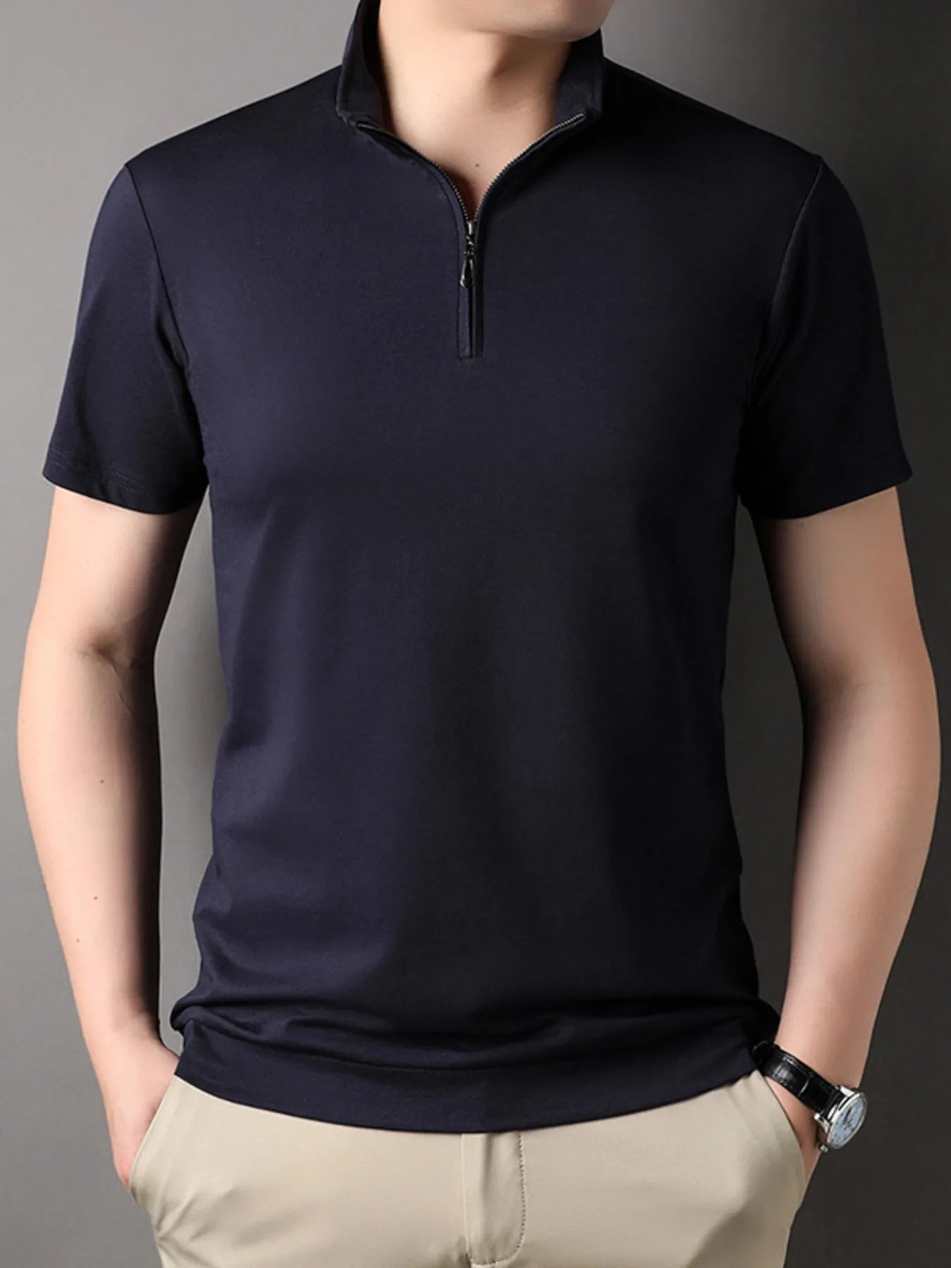 Men's Plus Size Zip Collar Short Sleeve Polo Shirt - Men's Polo shirt by Trendsi | Available at Handbags Specialist Headquarter