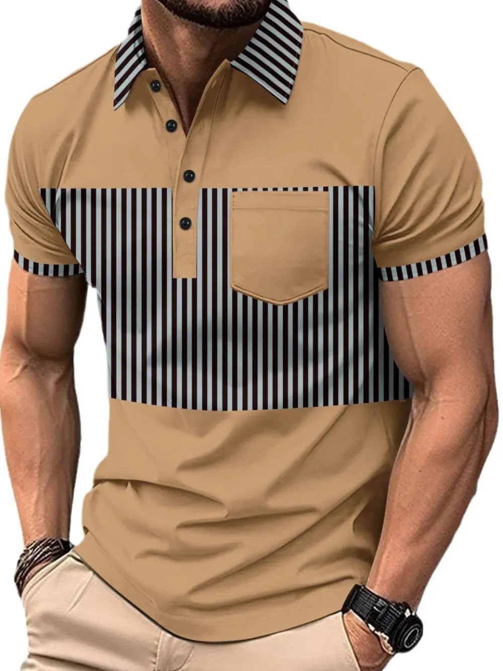 Men's Full Size Collared Contrast Striped Polo Plus Size - Men's Polo shirt by Trendsi | Available at Handbags Specialist Headquarter