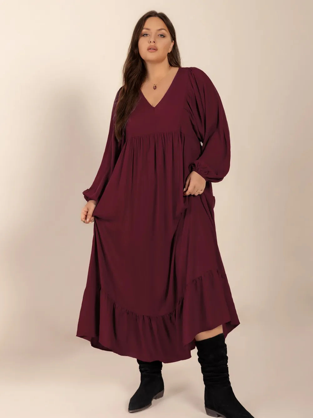 Plus Size Ruffled Hem V-Neck Balloon Sleeve Dress - Dresses by Trendsi | Available at Handbags Specialist Headquarter