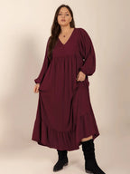Plus Size Ruffled Hem V-Neck Balloon Sleeve Dress - Dresses by Trendsi | Available at Handbags Specialist Headquarter