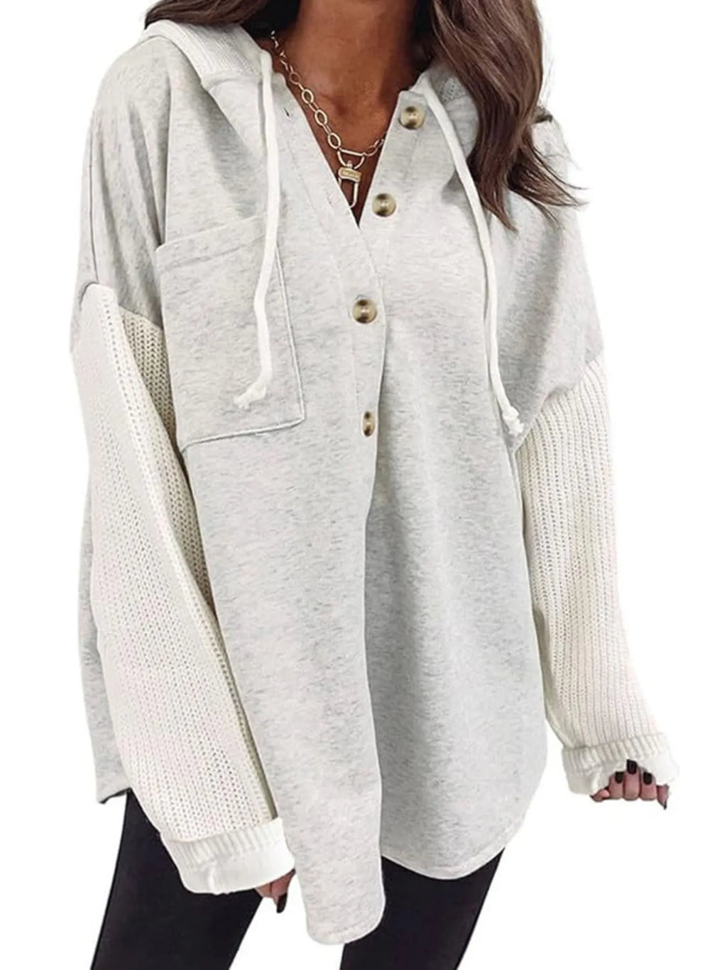 Drawstring Button Front Hoodie - Tops by Trendsi | Available at Handbags Specialist Headquarter