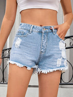 Distressed Raw Hem Denim Shorts - Women / Jeans & Denim by Trendsi | Available at Handbags Specialist Headquarter