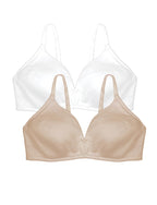 Beige and white bras with thin straps, seamless cups, and delicate stitching detail.