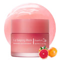 Pink jar of lip sleeping mask with grapefruit image; moisturizing and antioxidant text.