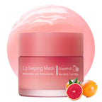 Pink jar of lip sleeping mask with grapefruit image; moisturizing and antioxidant text.
