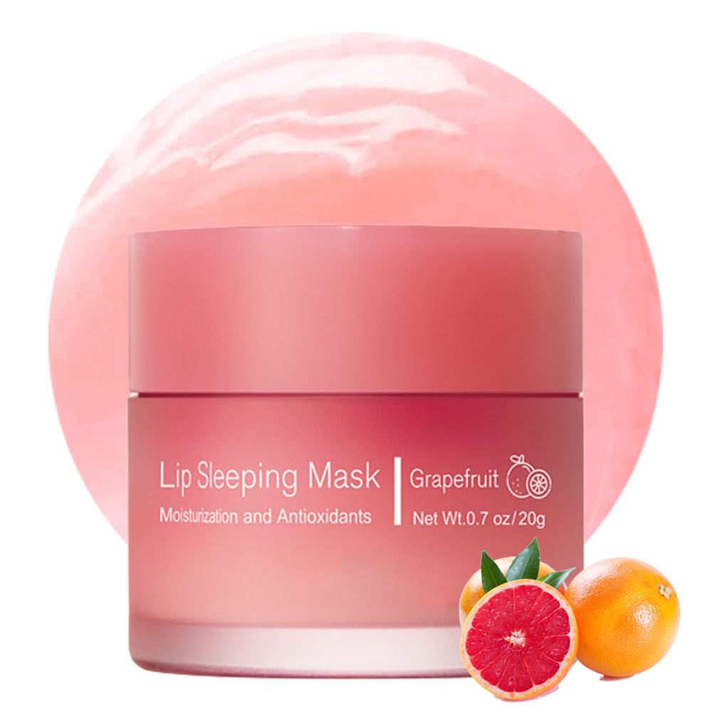 Pink jar of lip sleeping mask with grapefruit image; moisturizing and antioxidant text.