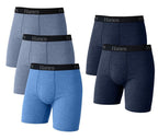 Five pairs of blue and navy boxer briefs with black waistbands displaying the brand name.