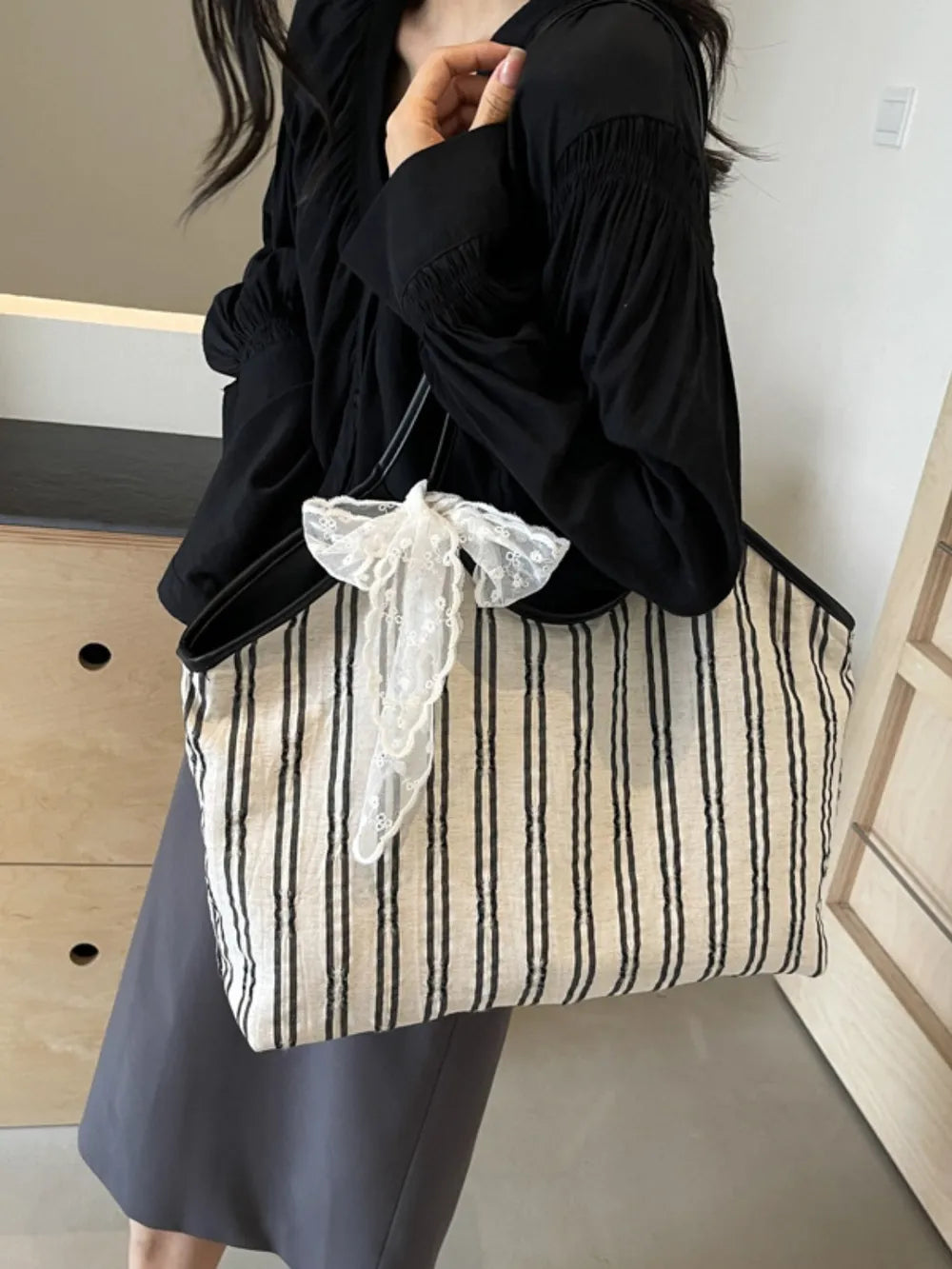 Striped Canvas Tote Bag - Tote Bag by Trendsi | Available at Handbags Specialist Headquarter