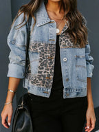 Distressed Leopard Drop Shoulder Denim Jacket - Women / Jeans & Denim by Trendsi | Available at Handbags Specialist Headquarter