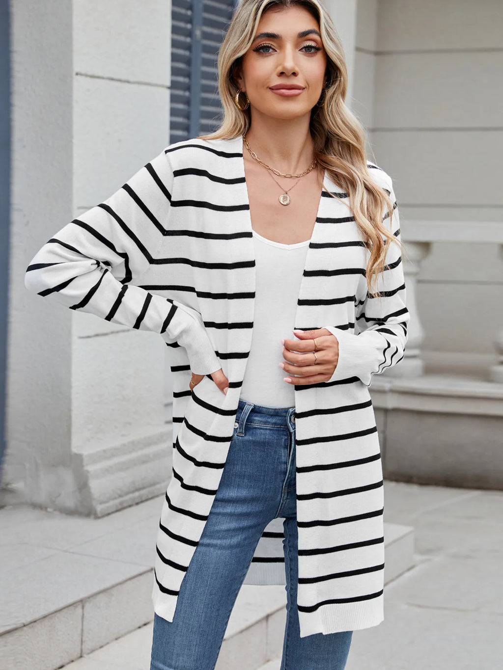 Striped Open Front Cardigan with Relaxed Fit - Tops by Trendsi | Available at Handbags Specialist Headquarter