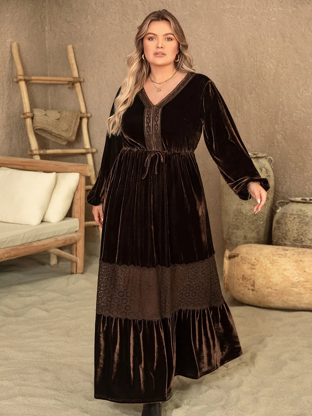 Plus Size V-Neck Balloon Sleeve Maxi Dress - Dresses by Trendsi | Available at Handbags Specialist Headquarter