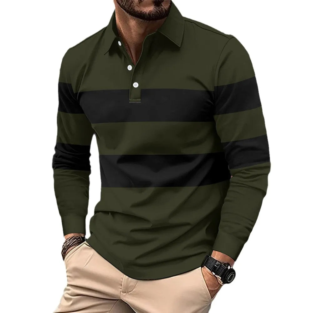Men's Full Size Collared Contrast Striped Polo Plus Size - Men's Polo shirt by Trendsi | Available at Handbags Specialist Headquarter