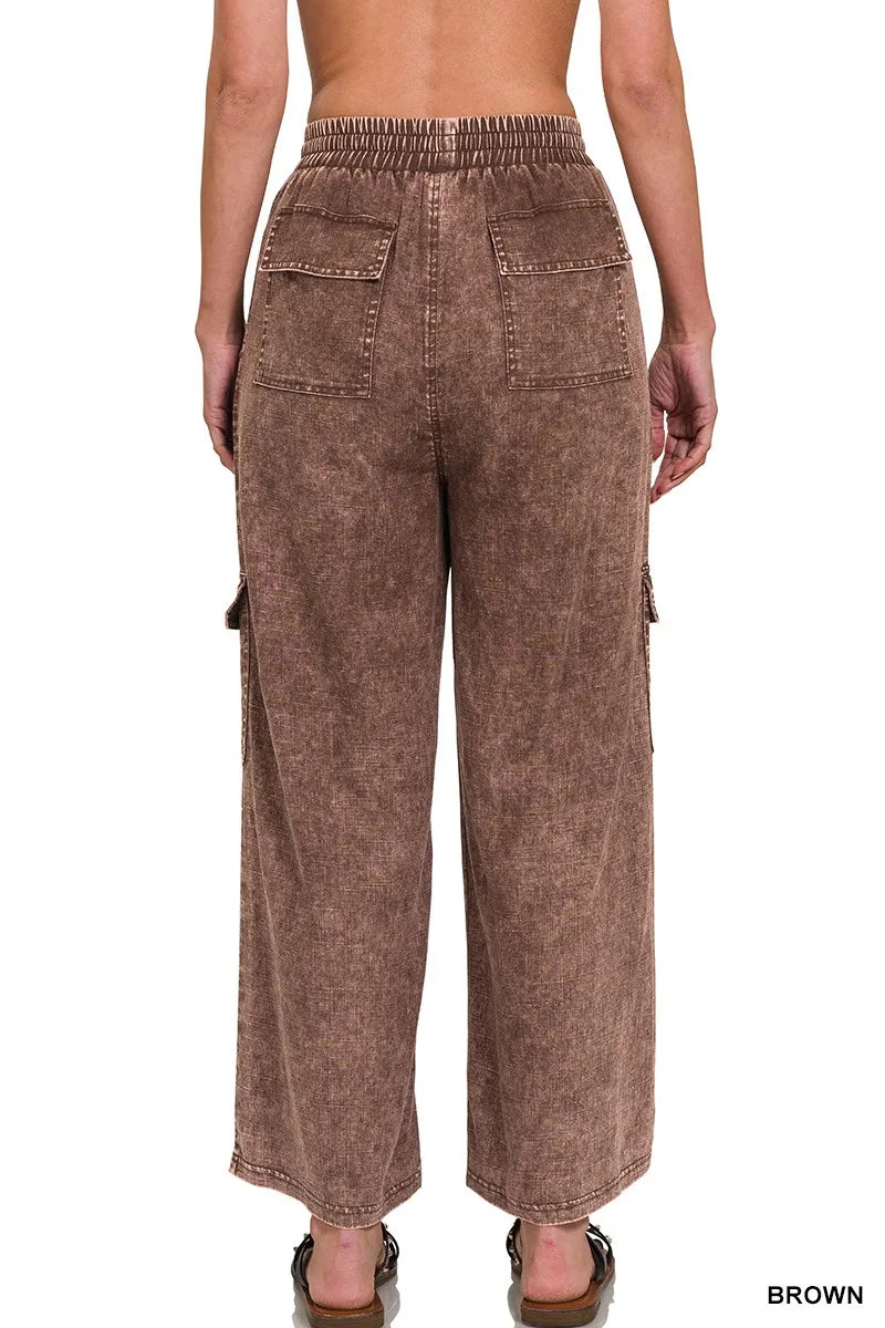 Zenana Washed Linen Elastic Band Waist Cargo Pants - Women Pants by Trendsi | Available at Handbags Specialist Headquarter