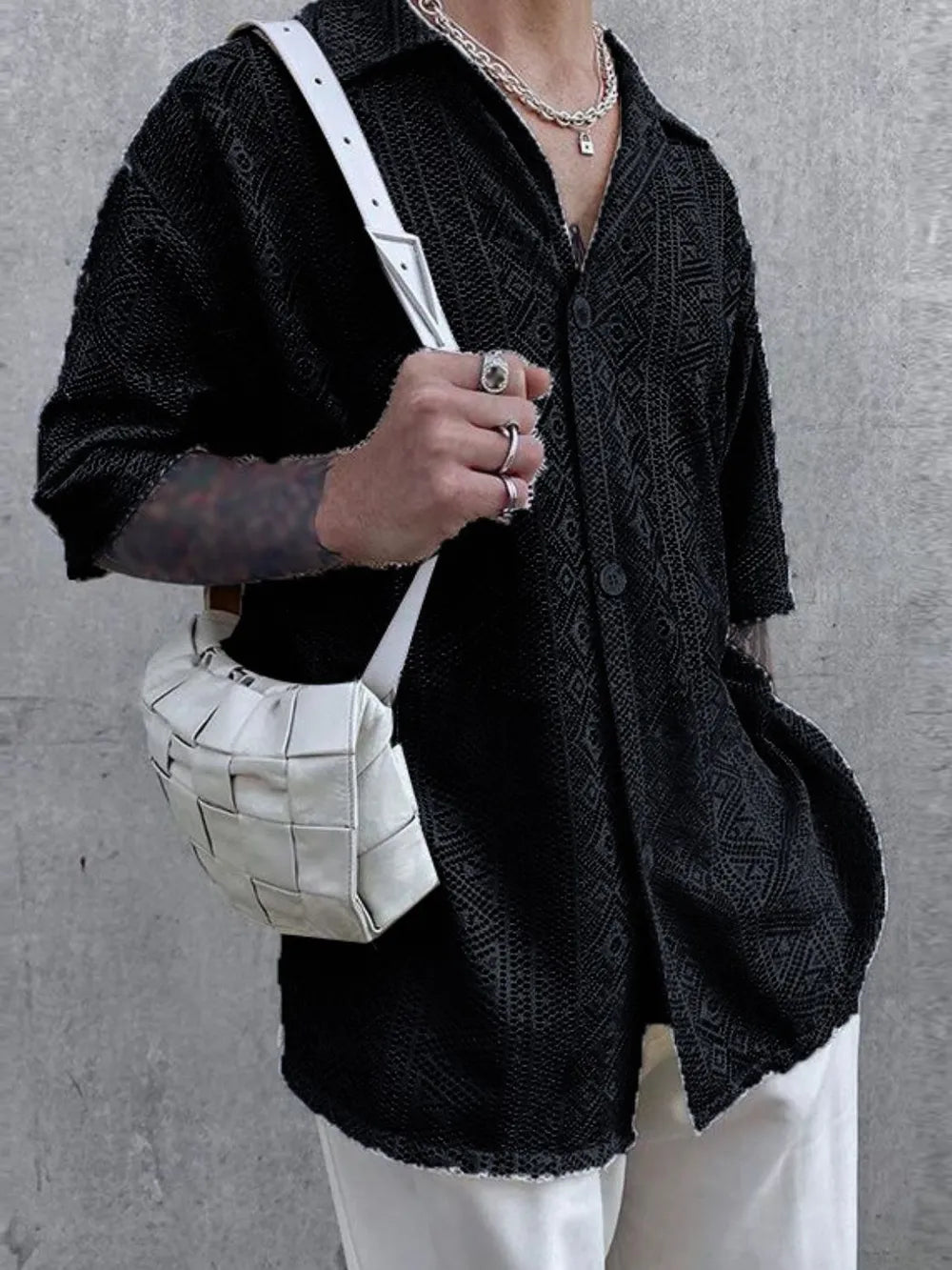Men's Full Size Lace Half Sleeve Button Down Shirt Plus Size - Men's T Shirt by Trendsi | Available at Handbags Specialist Headquarter