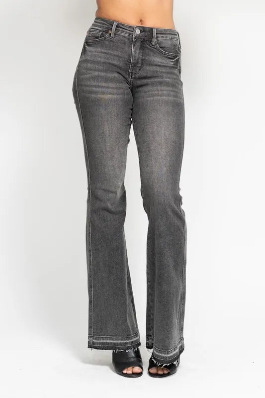 Judy Blue Full Size Mid Rise Tummy Control Washed Gray Release Hem Flare Jeans Plus Size - Women / Jeans & Denim by Trendsi | Available at Handbags Specialist Headquarter