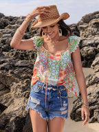 Lace Detail Printed Tie Neck Cap Sleeve Blouse - Tops by Trendsi | Available at Handbags Specialist Headquarter