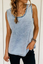 Mineral Wash Denim Frayed U Neck Sleeveless Top - Women / Jeans & Denim by Trendsi | Available at Handbags Specialist Headquarter