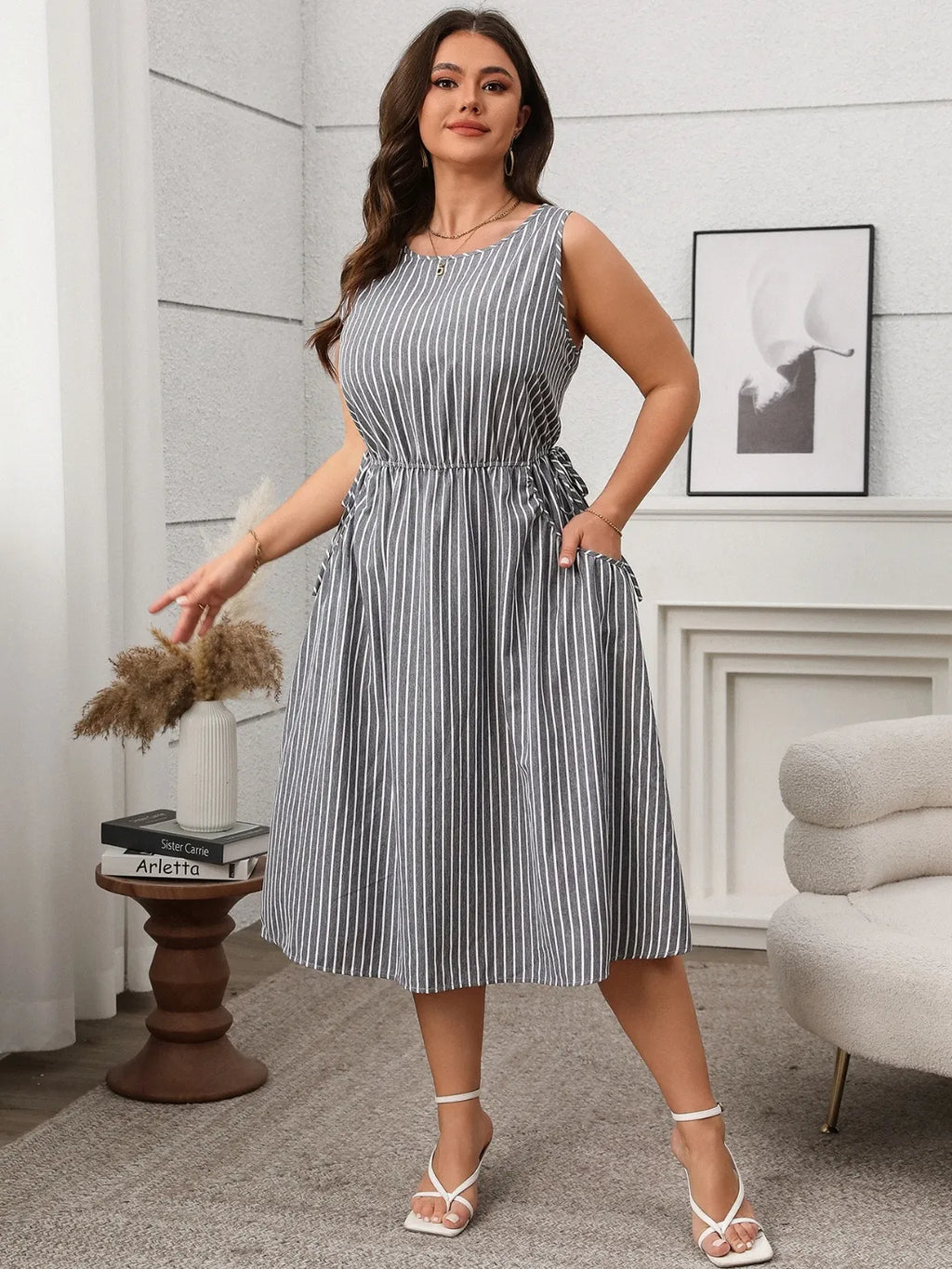 Plus Size Striped Round Neck Sleeveless Dress - Dresses by Trendsi | Available at Handbags Specialist Headquarter