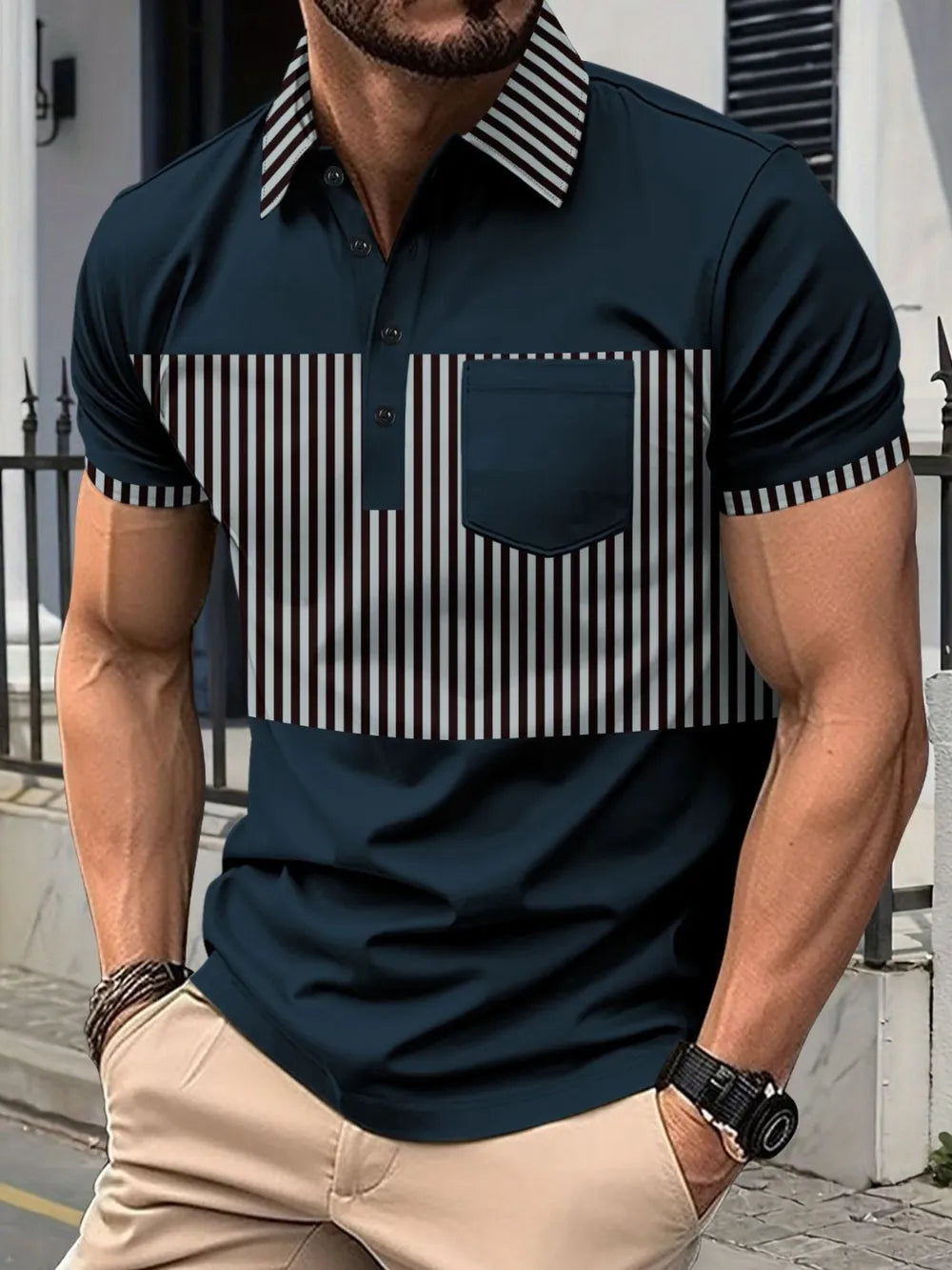 Men's Full Size Collared Contrast Striped Polo Plus Size - Men's Polo shirt by Trendsi | Available at Handbags Specialist Headquarter